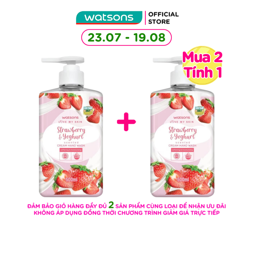 Kem Rửa Tay Watsons Love My Skin Strawberry Yoghurt Scented Cream Hand Wash 500ml