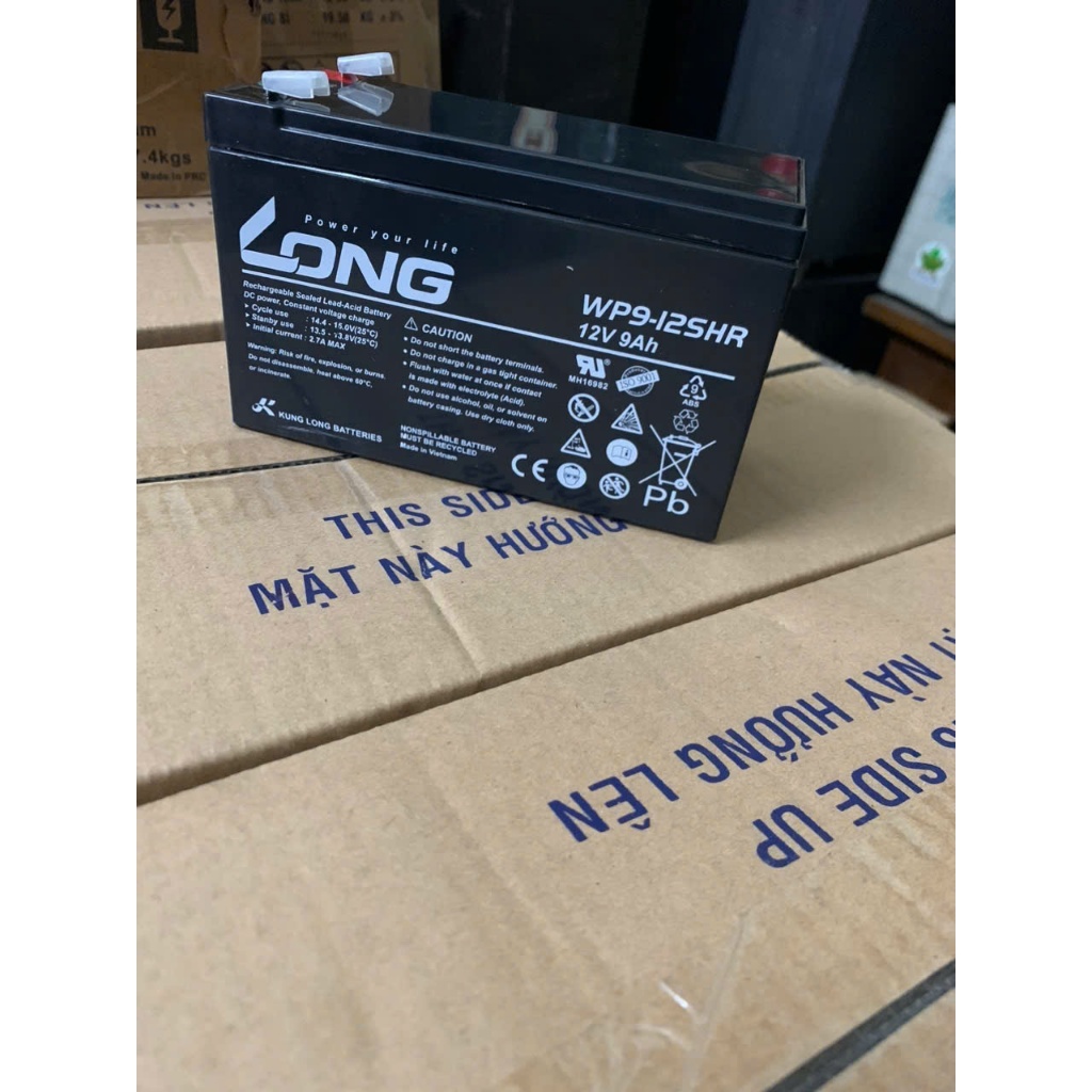 Nguồn 12V ắc quy 12v-9ah, battery Long WP9-12SHR, bình lưu điện cửa cuốn, thang máy, ups