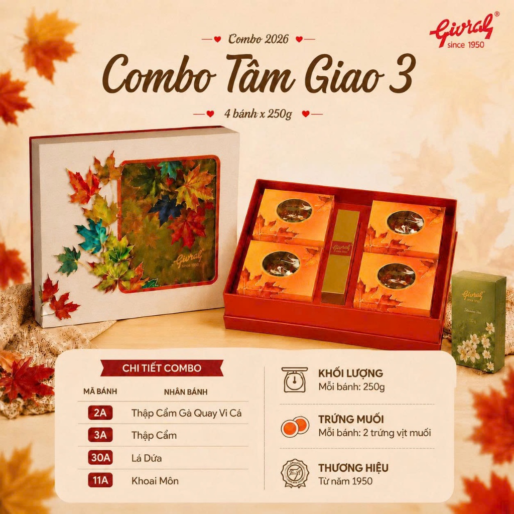 Bánh Trung Thu Givral Tâm Giao 3 (4 Bánh250g) | Chính Hãng | Hộp Quà Biếu Sang Trọng (2A-3A-11A-30A)