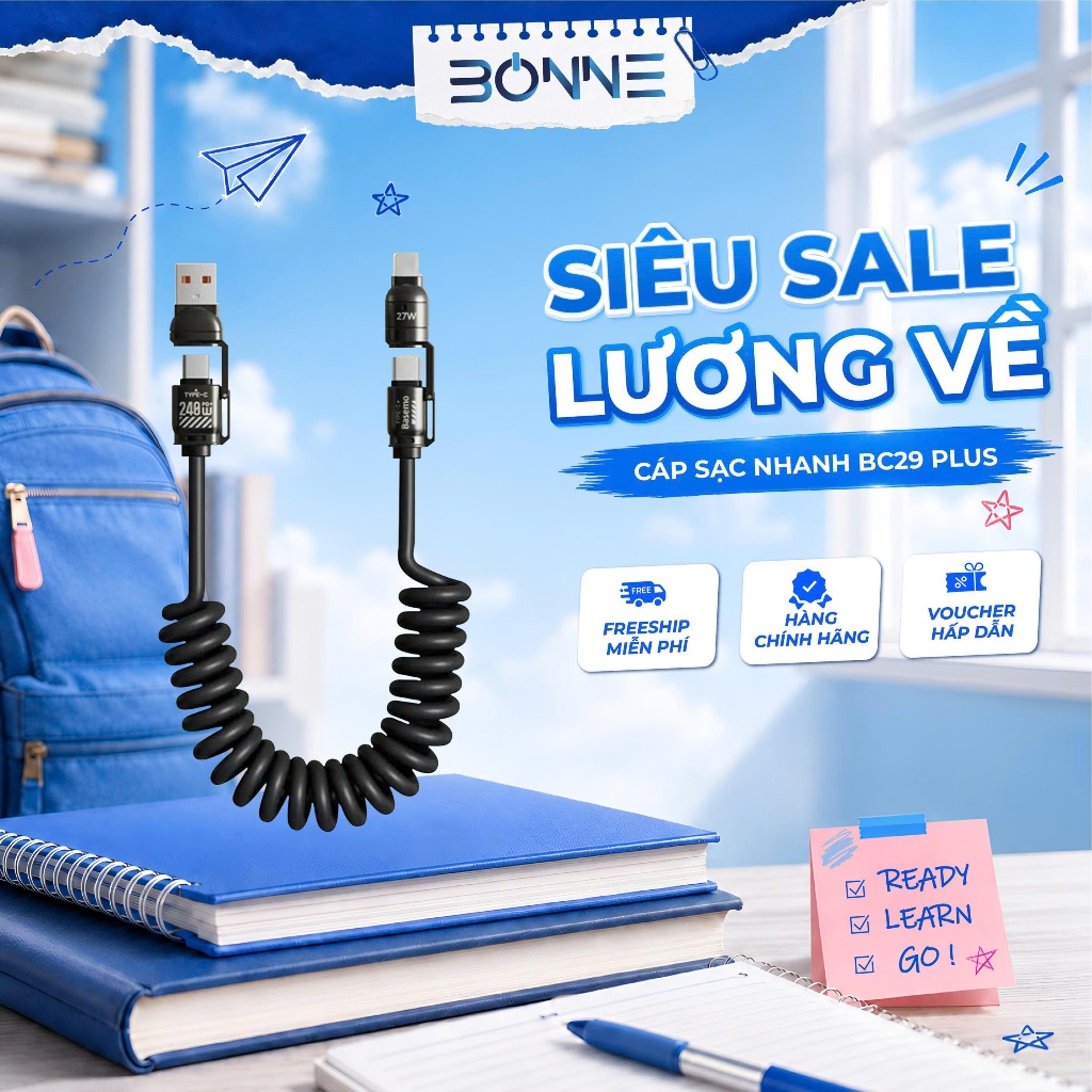 Cáp Sạc Lò Xo Đa Năng BC29 PLUS Sạc Nhanh 240W, Cáp Sạc Nhanh 4 IN 1 Chống Rối, Sạc Nhanh 240W