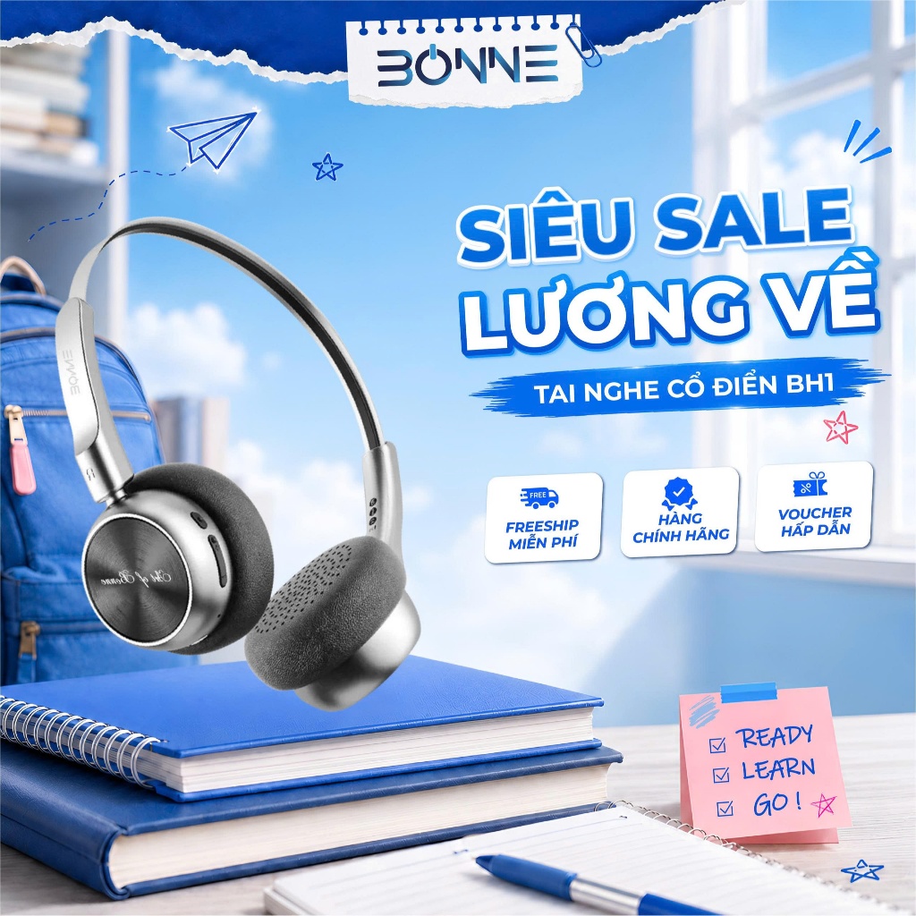 Tai Nghe Bluetooth Thiết Kế Cổ Điển BH1 By Bonne Chính Hãng, Tai Nghe Bluetooth 5.4, Âm thanh HIFI, Bảo hành 12 tháng