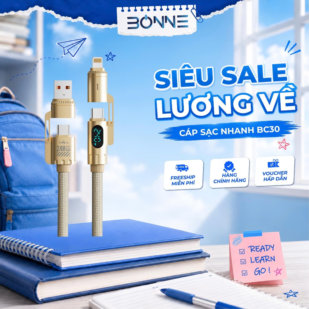 Cáp Sạc Nhanh BC30 ( Dài 2 Mét ) 4in1 Công Suất 240W Chính Hãng By Bonne TECHNOLOGIQUE Hỗ Trợ CarPla
