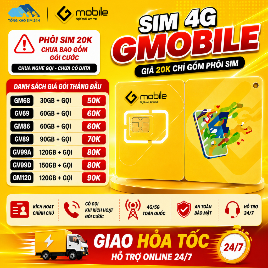 Sim Data 4G Gmobile Giá Rẻ Phôi Sim Trắng Chỉ 20k Chọn Gói 30GB-150GB Kích Hoạt Chính Chủ