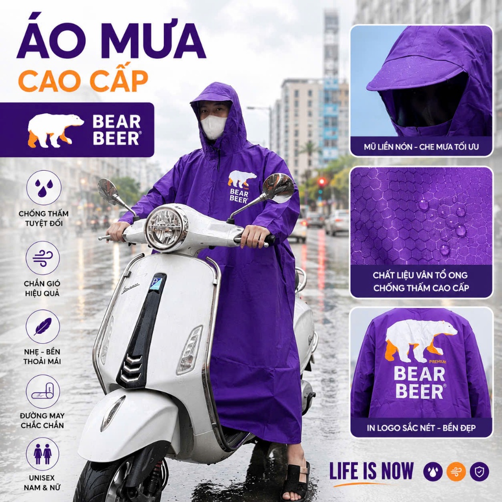 Áo Mưa BEAR BEER Tổ Ong Cao Cấp – Cánh Dơi Khổ Lớn, Đi Xe Máy