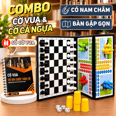 Combo Cờ Vua Nam Châm 4 Hậu Có Sổ Ghi Chép Kèm Cờ Cá Ngựa Nam Châm Bàn Gấp 32cm, Đồ Chơi Trí Tuệ Benrikids Cho Bé