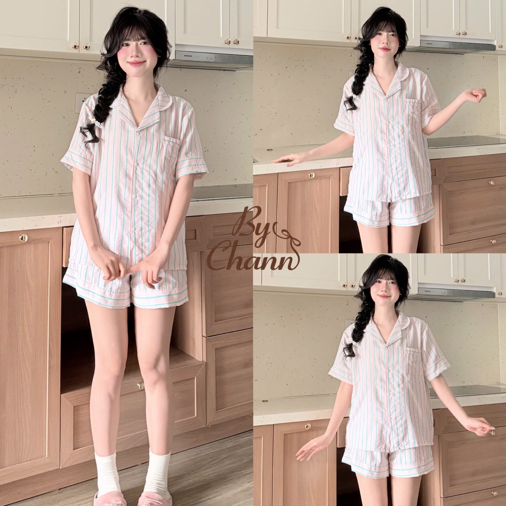 Bộ Đồ Ngủ Pyjamas BY CHANN chất liệu đũi mềm họa tiết kẻ sọc có bigsize 80kg - BN22 & BN23