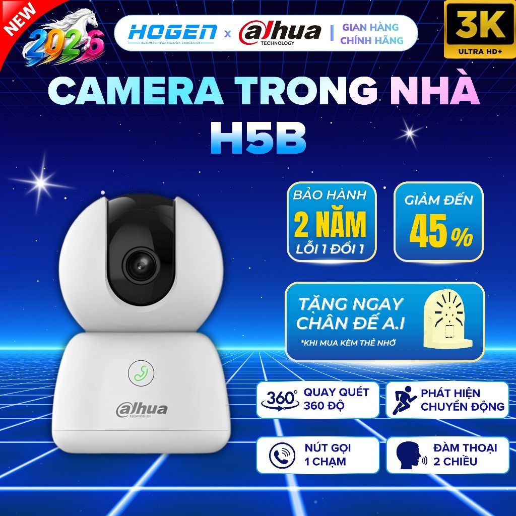 Camera Wifi Xoay Trong Nhà Dahua H5B 5MP–Nút Gọi 1 Chạm, Nét,Phát Hiện Người, Vật, Âm Thanh, BH 24TH