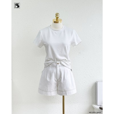 Quần short nữ Twentyfive cạp cao màu trắng dáng suông basic phối chỉ nổi QM22