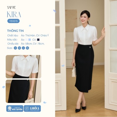 Set Nữ Thiết Kế YAME Công Sở Áo Sơ Mi Cổ Đức & Chân Váy Bút Chì, Tà Rời Đính Charm  - KIRA YS1015