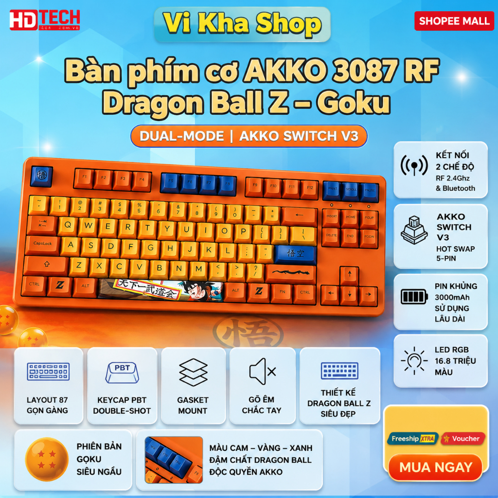 Bàn Phím Cơ AKKO 3087 RF Goku Dragon Ball Z Phiên Bản Giới Hạn RGB Wireless