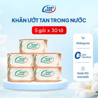 Combo 5 gói khăn ướt tan trong nước BabyCare 40 tờ không mùi dễ xả bồn cầu, an toàn cho da nhạy cảm