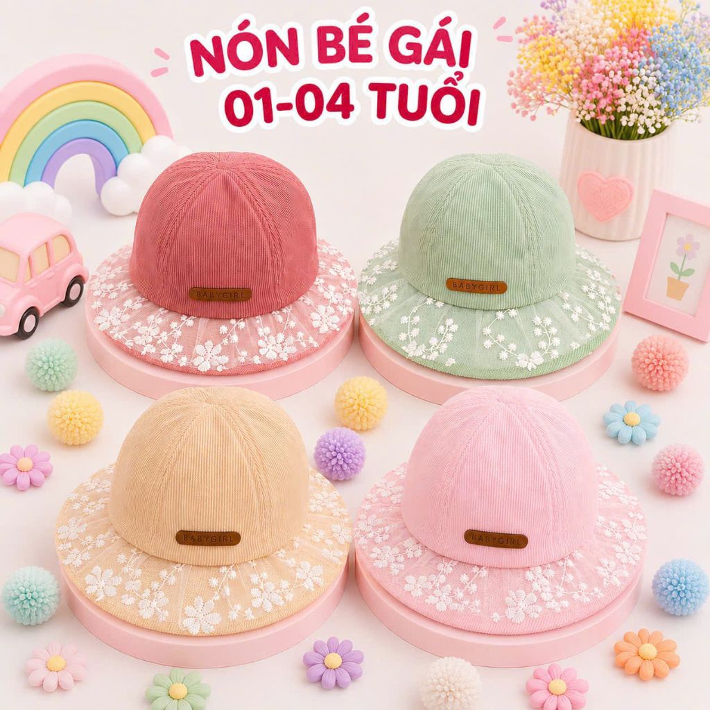BO105: Nón bo bucket cho bé gái phối lưới từ 02-05 tuổi đơn giản, xinh xắn, vải mềm thấm hút mồ hôi 