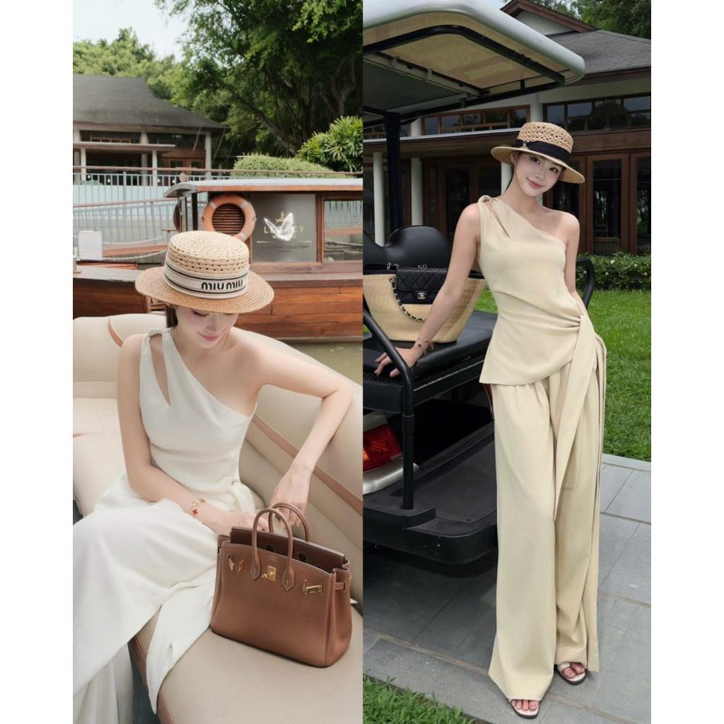[𝗔𝗡𝗜𝗠𝗢 𝗙𝗔𝗦𝗛𝗜𝗢𝗡] - Set áo lệch vai buộc vạt quần suông li kép dáng dài hiện đại trẻ trung