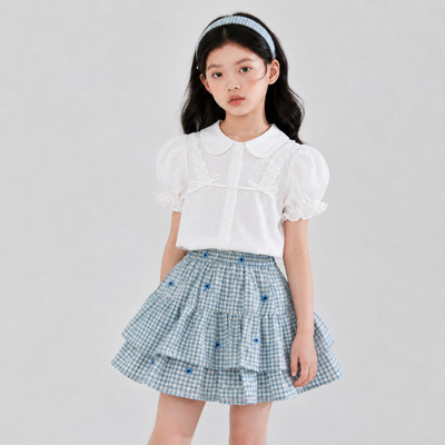 Bộ đồ đi học bé gái TIHON cao cấp áo sơ mi phối chân váy thô kẻ caro hoa thêu siêu xinh SET0744323
