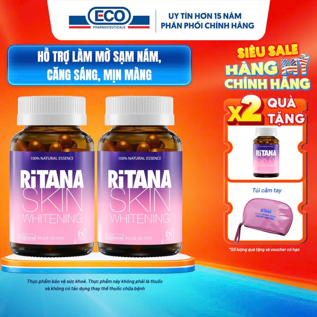 Chai 60v – Viên Uống Trắng Da Ritana Ecogreen Glutathione, Mờ Nám, Chống Nắng