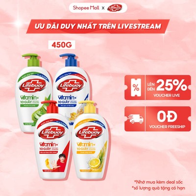 [LIVE] Combo 4 chai Nước rửa tay Lifebuoy bảo vệ khỏi 99,9% vi khuẩn 450g/chai