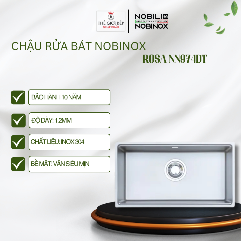 Chậu Rửa Bát 1 hố Nobinox Rosa NN974DT – Inox AISI 304 Chỗng Xước – Tặng Bộ Phụ Kiện