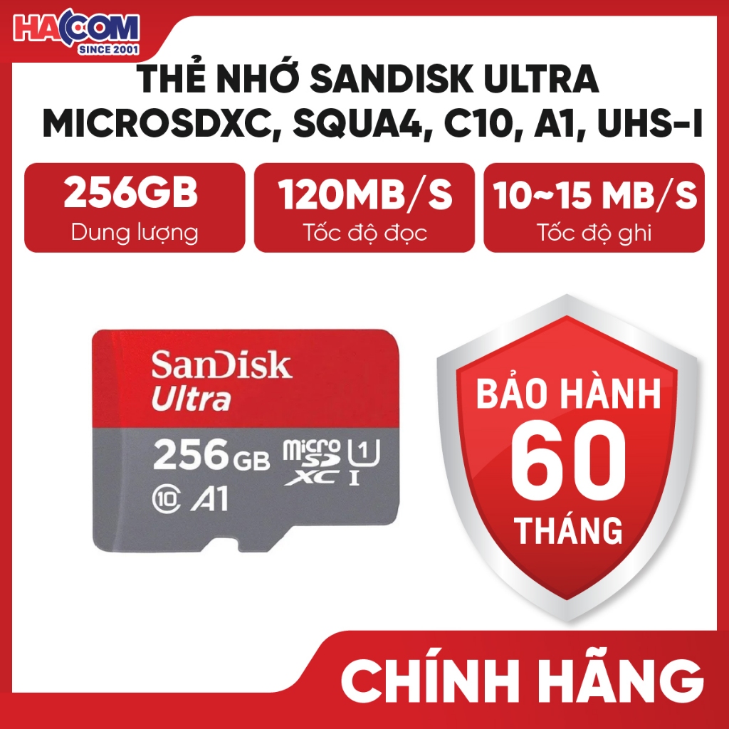 Thẻ nhớ SanDisk 256GB Ultra microSDXC, SQUA4, C10, A1, UHS-I, 120MB/s R (SDSQUAC-256G-GN6MN) HÀNG CH