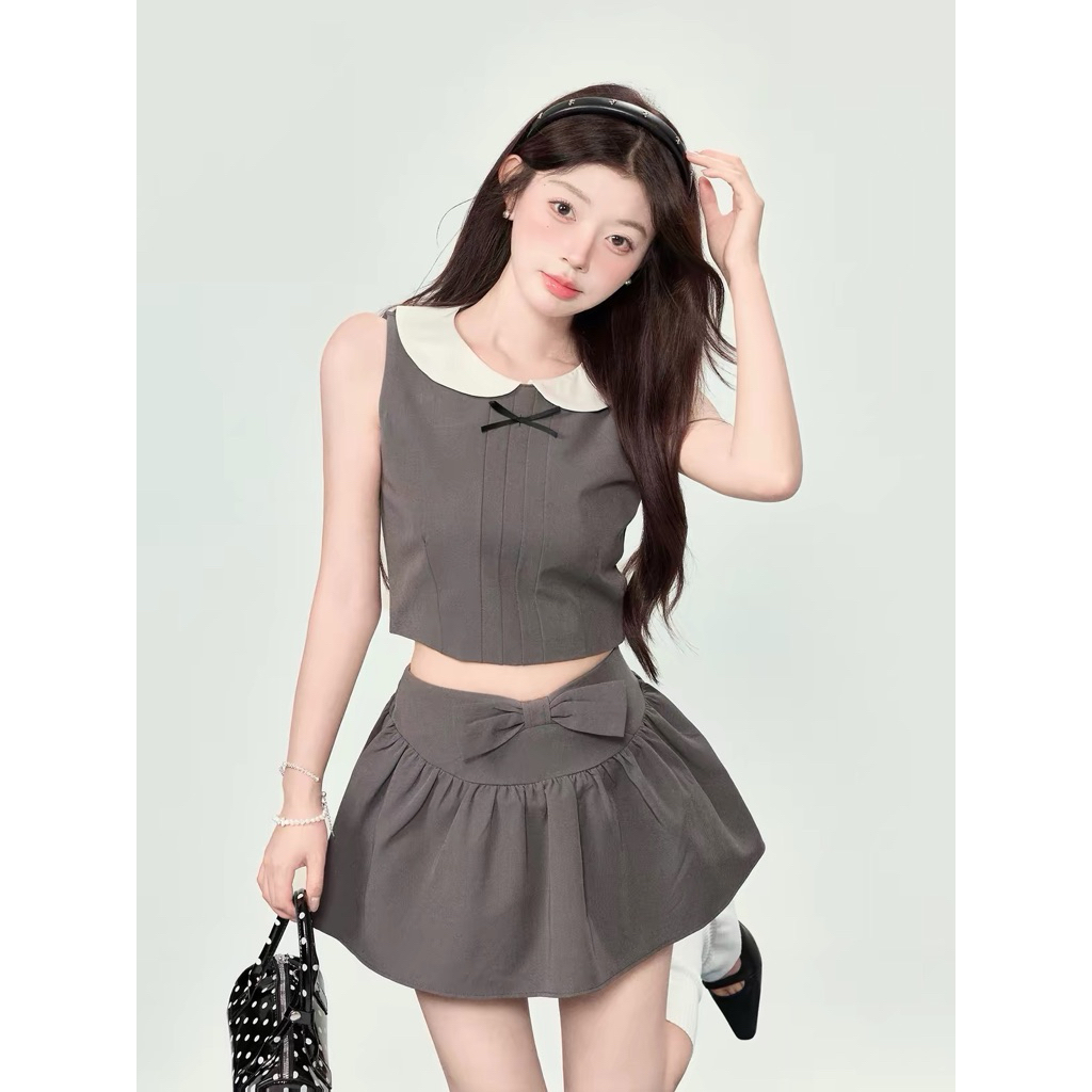 ⁠[ORDER TAOBAO] Set Đồ Nữ 2 Món Áo Croptop Cổ Sen Phối Nơ + Chân Váy Xòe Đính Nơ Phong Cách Coquette
