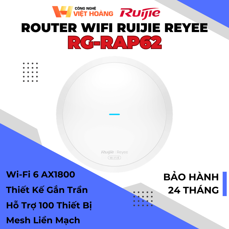 [AX1800] Ruijie RG-RAP62 | Phát Wifi 6 Ốp Trần POE Tốc Độ 1774Mbps, Hỗ Trợ +100 User