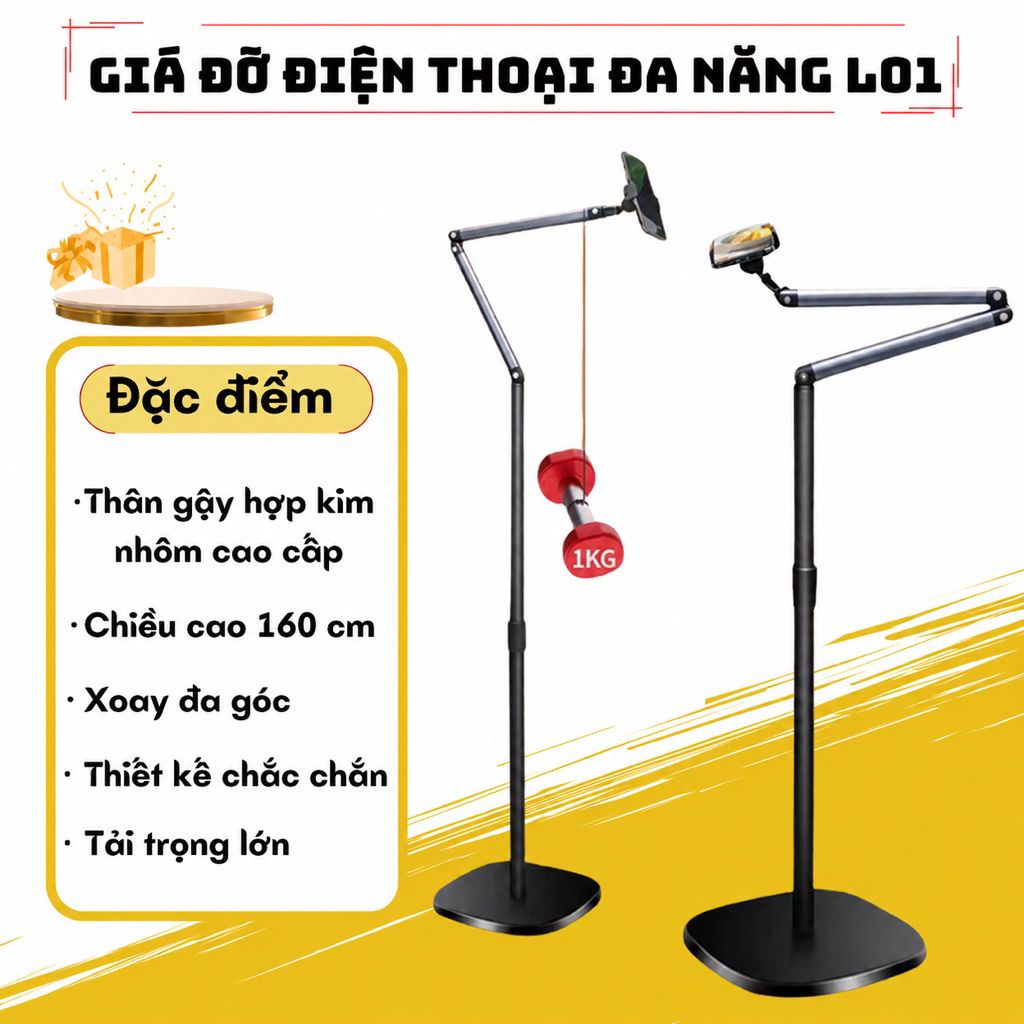 Giá đỡ điện thoại L01 và L01 KÈM REMOTE  cao 1m6 nặng 3kg chắc chắn, quay phim chụp ảnh, khớp xoay 3