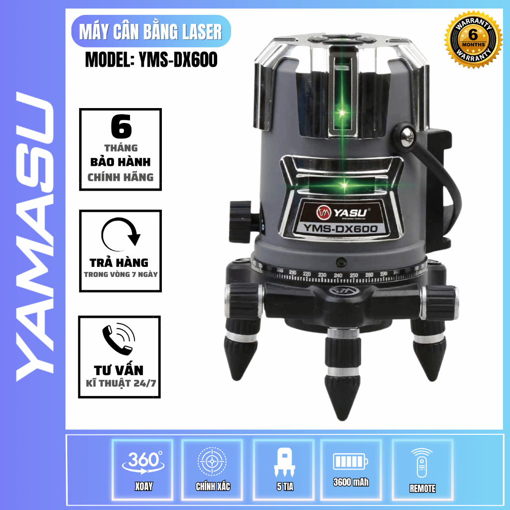 Máy Cân Bằng Laser YAMASU YMS-DX600 5 Tia Xanh Series S LED Siêu Sáng 2 Pin Remote Hộp Nhôm Đế Xoay 