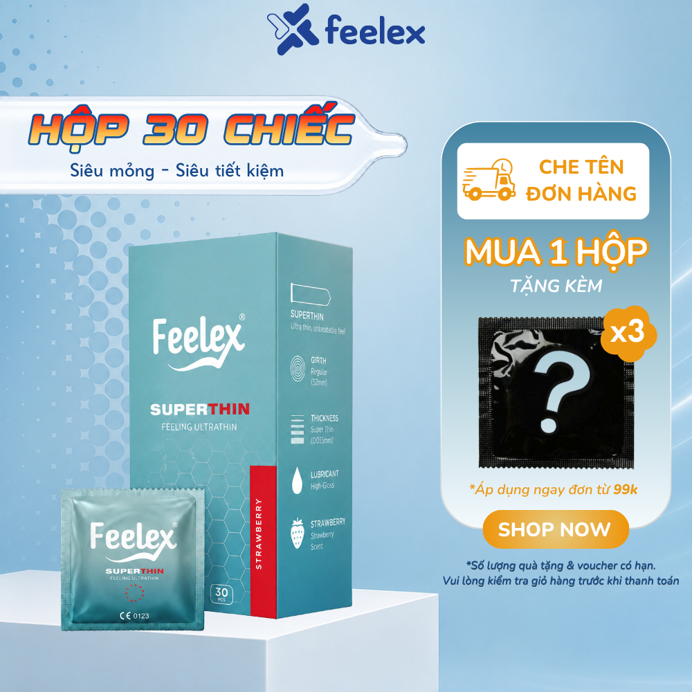 Bao cao su Feelex Superthin siêu mỏng, hương nước hoa, nhiều gel bôi trơn - Hộp 30 bcs
