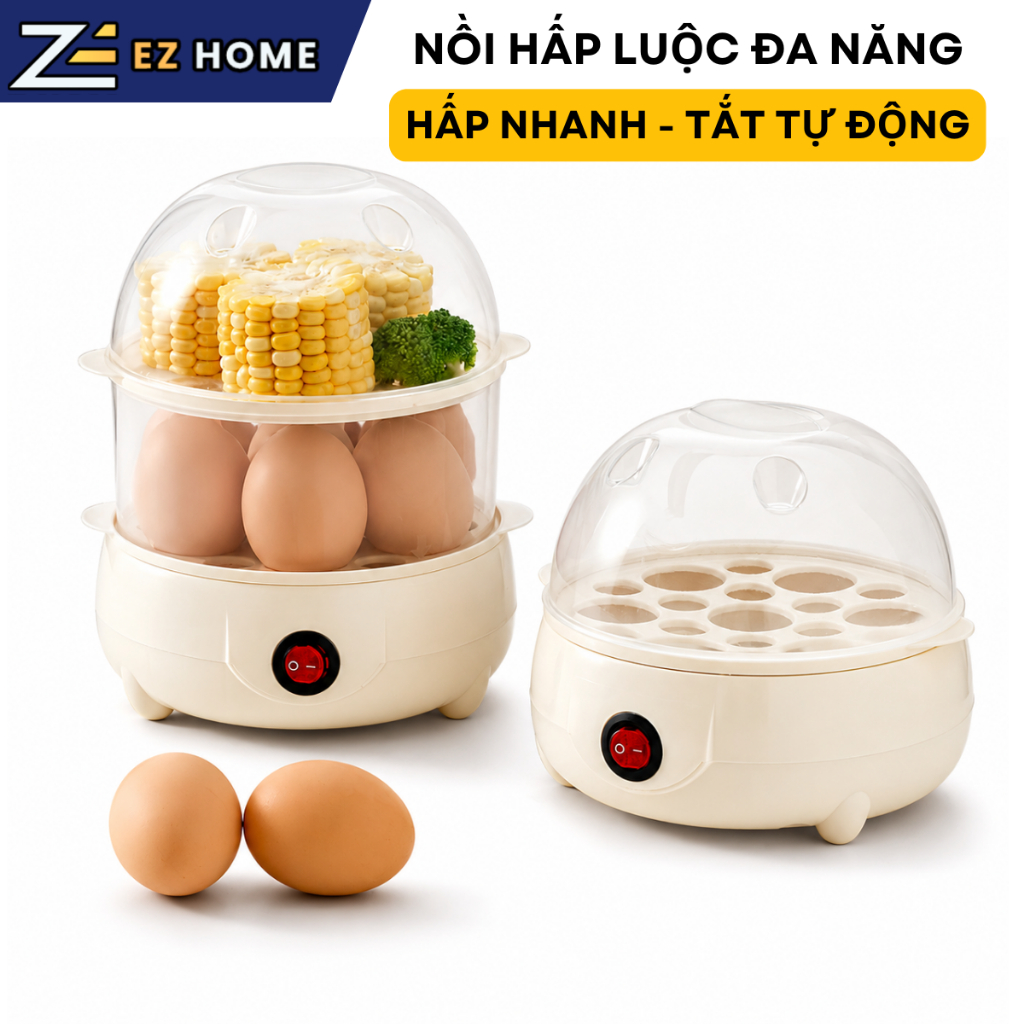 Máy Hấp Luộc Trứng Đa Năng 350W Tự Ngắt Thông Minh Hấp Khoai Bắp Bánh Bao Đồ Ăn Sáng Nhiều Tầng