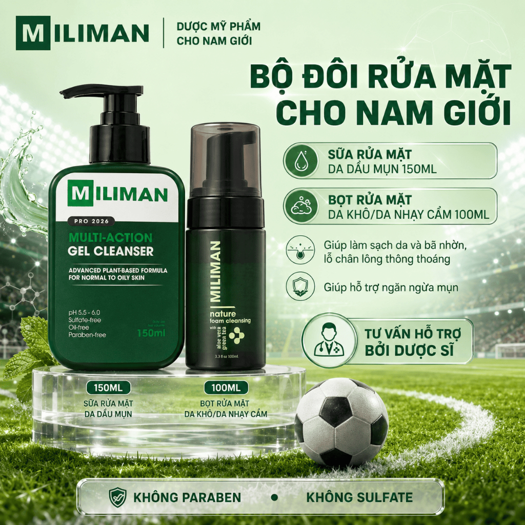 Sữa Rửa Mặt Nam Sáng Da Sạch Mụn MILIMAN – 2 Phiên Bản Chuyên Biệt Da Dầu, Da Khô và Nhạy Cảm