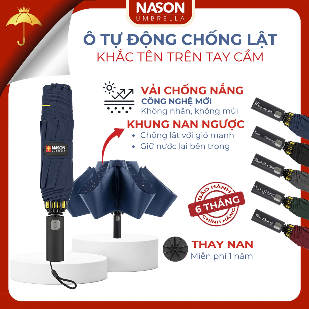 Ô dù che mưa nắng nan ngược chống lật Nason Umbrella, ngăn 99% UV, khắc tên logo, tự động 2 chiều
