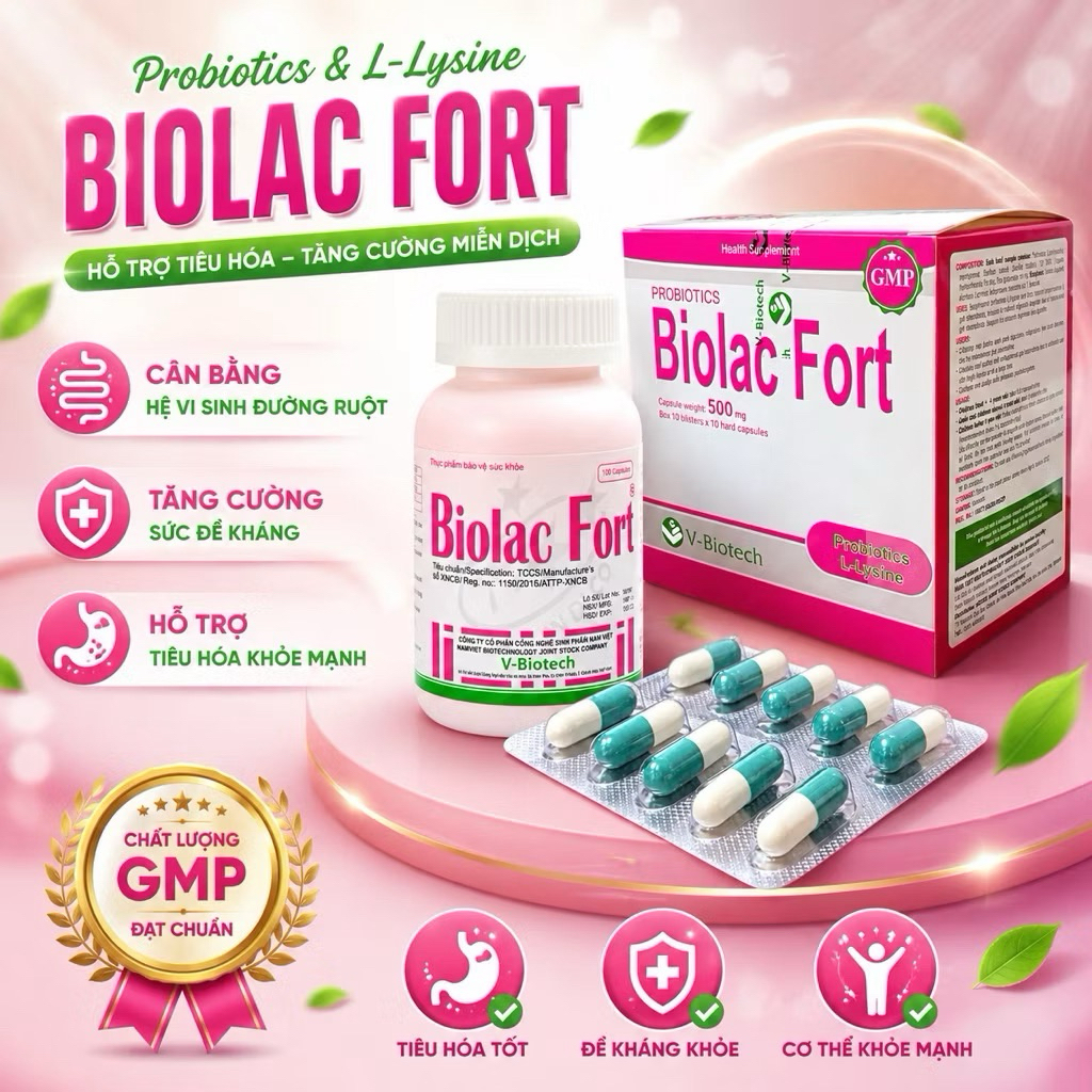 Bổ sung lợi khuẩn và kẽm gluconat Biolac Fort (V-Biotech) hộp 10 vỉ x 10 viên nang.