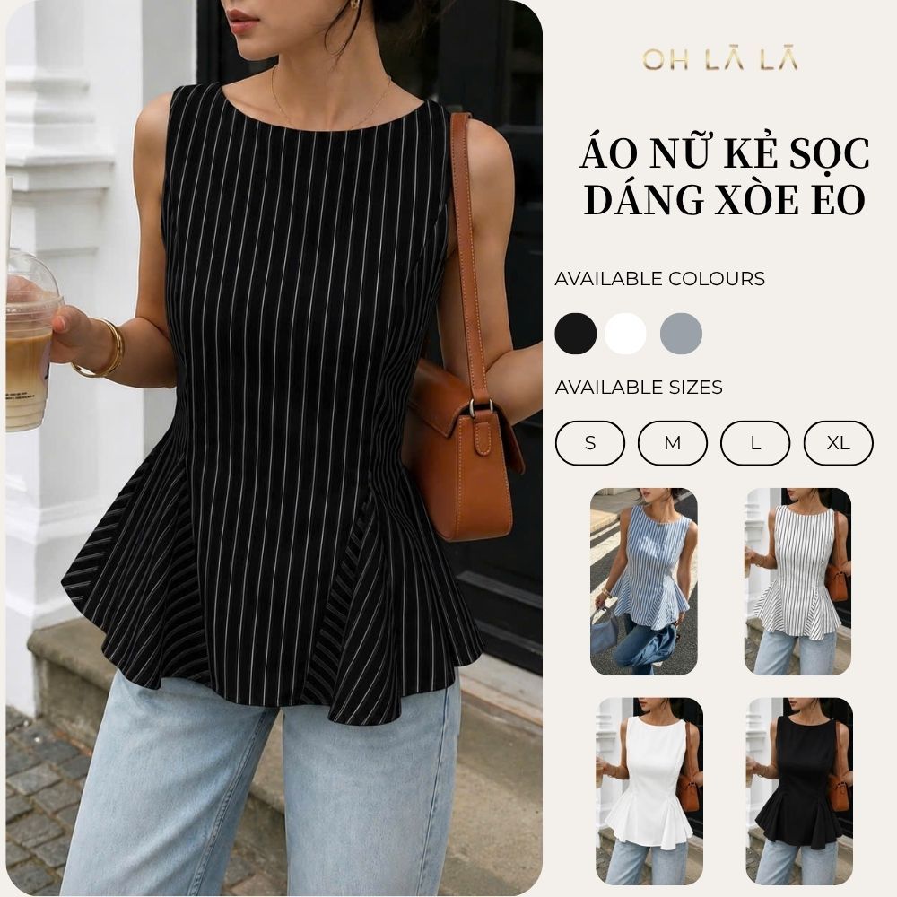 Áo Nữ Kẻ Sọc Áo Peplum Sát Nách OHLALA Thiết kế Tôn Dáng, Công Sở A070
