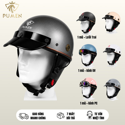 Mũ bảo hiểm nửa đầu PUMEN Pug Version Harley thời trang, kiểu dáng 1/2 đạt chuẩn, kèm ốp tai, Freesize 55-58cm