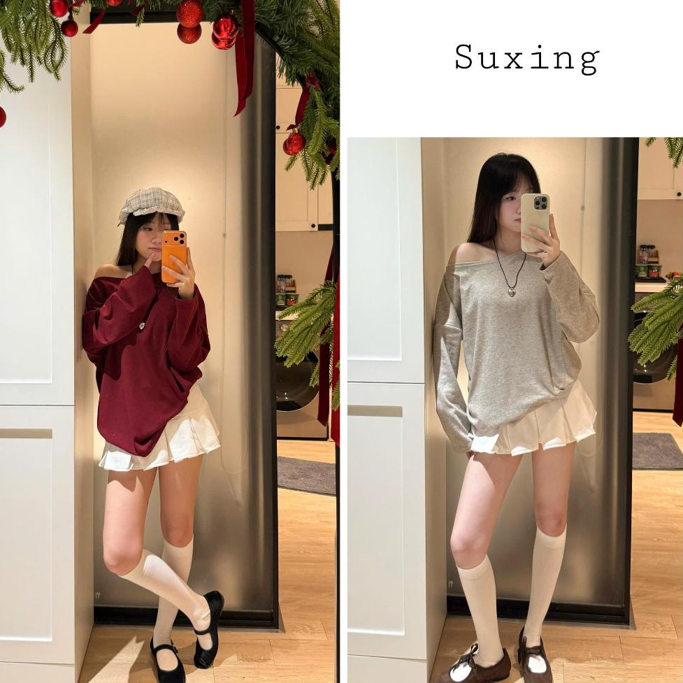 SUXING | Áo lệch vai dài tay, Áo thun dài tay lệch vai chất thun tăm thỏ mềm mại Nữ Women -S104