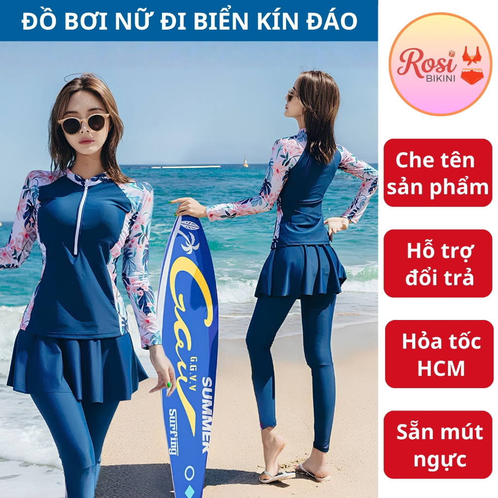 Đồ bơi nữ có mút ngực quần dài 2 mảnh kín đáo váy 2 lớp chất thun co dãn chống nắng có size