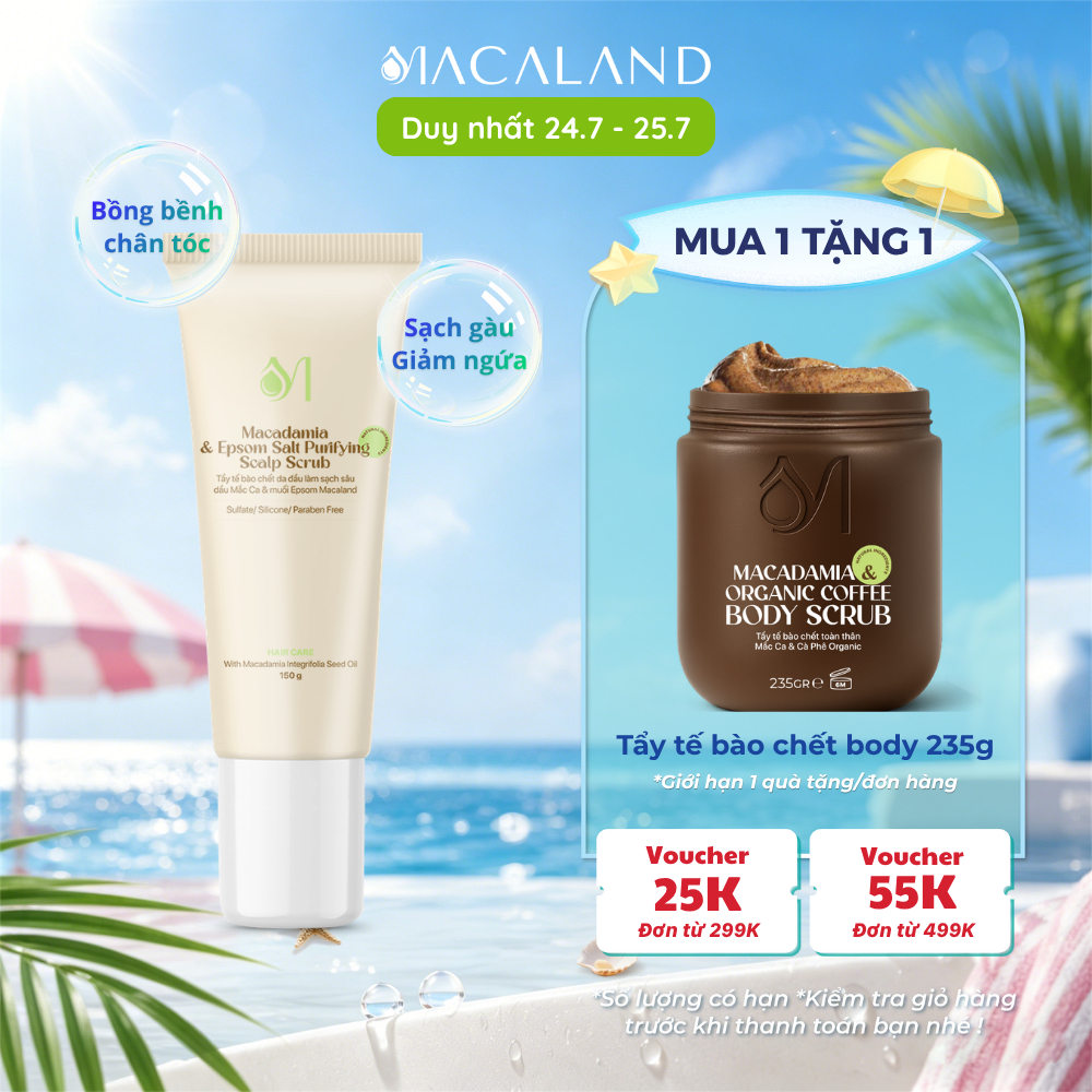Tẩy Tế Bào Chết Da Đầu Mắc Ca & Muối Epsom 150g MACALAND Sạch Sâu, Giảm Bết Ngứa, Giúp Tóc Bồng Bềnh