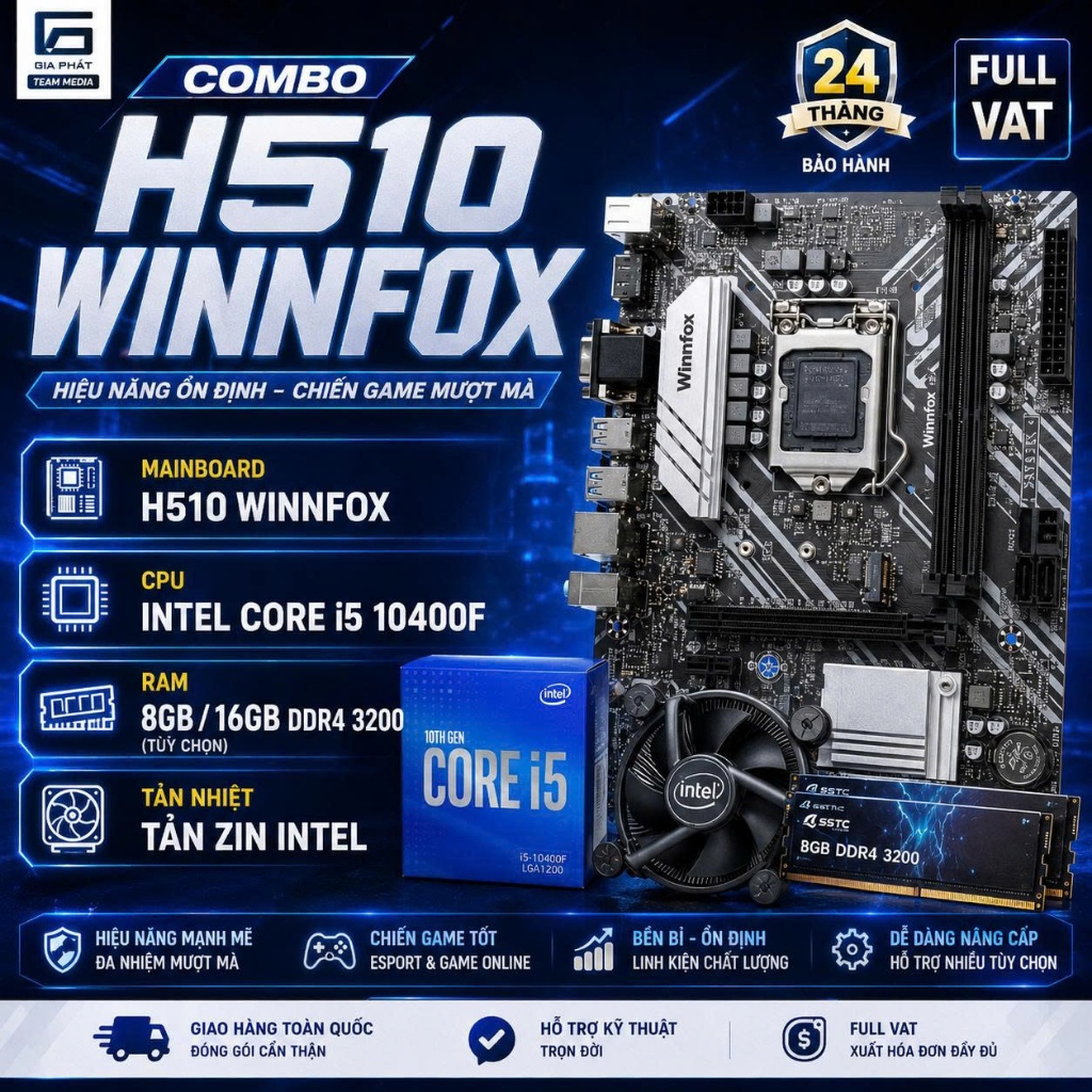Combo Main H510 Winnfox + Cpu 10400F + Ram 8G/ 16G 3200 + Tản zin bảo hành 24 tháng - build pc rẻ