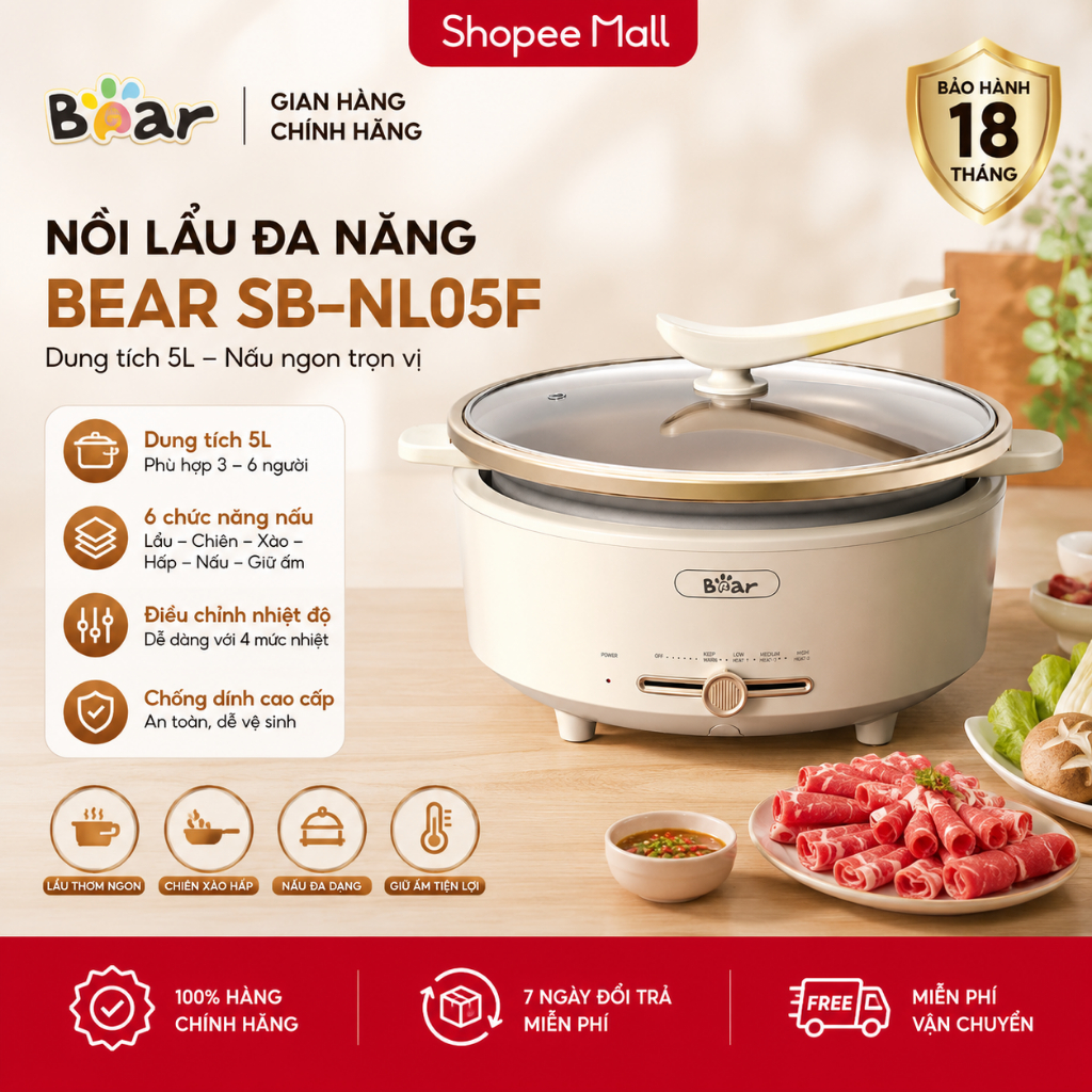 Nồi lẩu Bear 5L SB-NL05F - Nồi lẩu điện Bear - Nồi điện đa năng Bear - Nồi lẩu nướng Bear