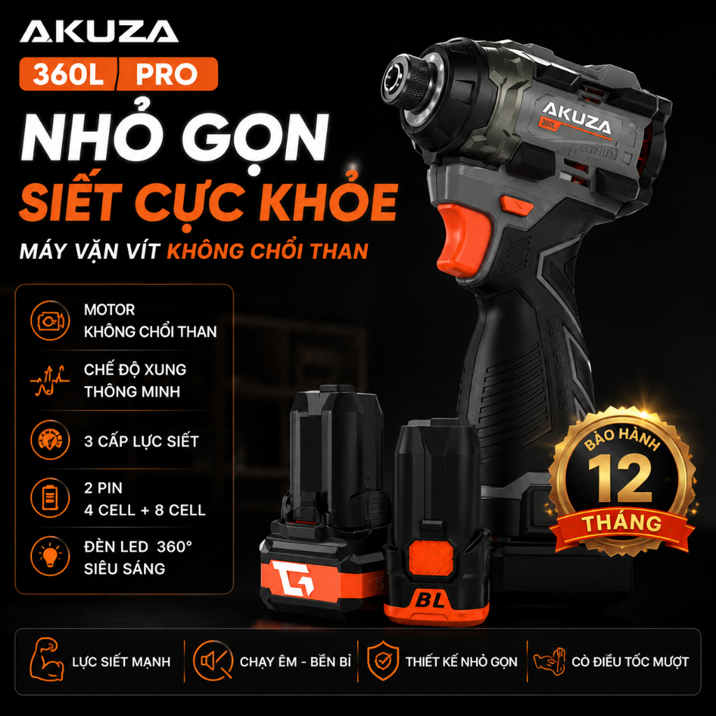 Máy Vặn Vít Pin AKUZA 360L PRO Không Chổi Than, Chế Độ Xung, 2 Pin 4Cell+8Cell, 3 Cấp Lực Siết