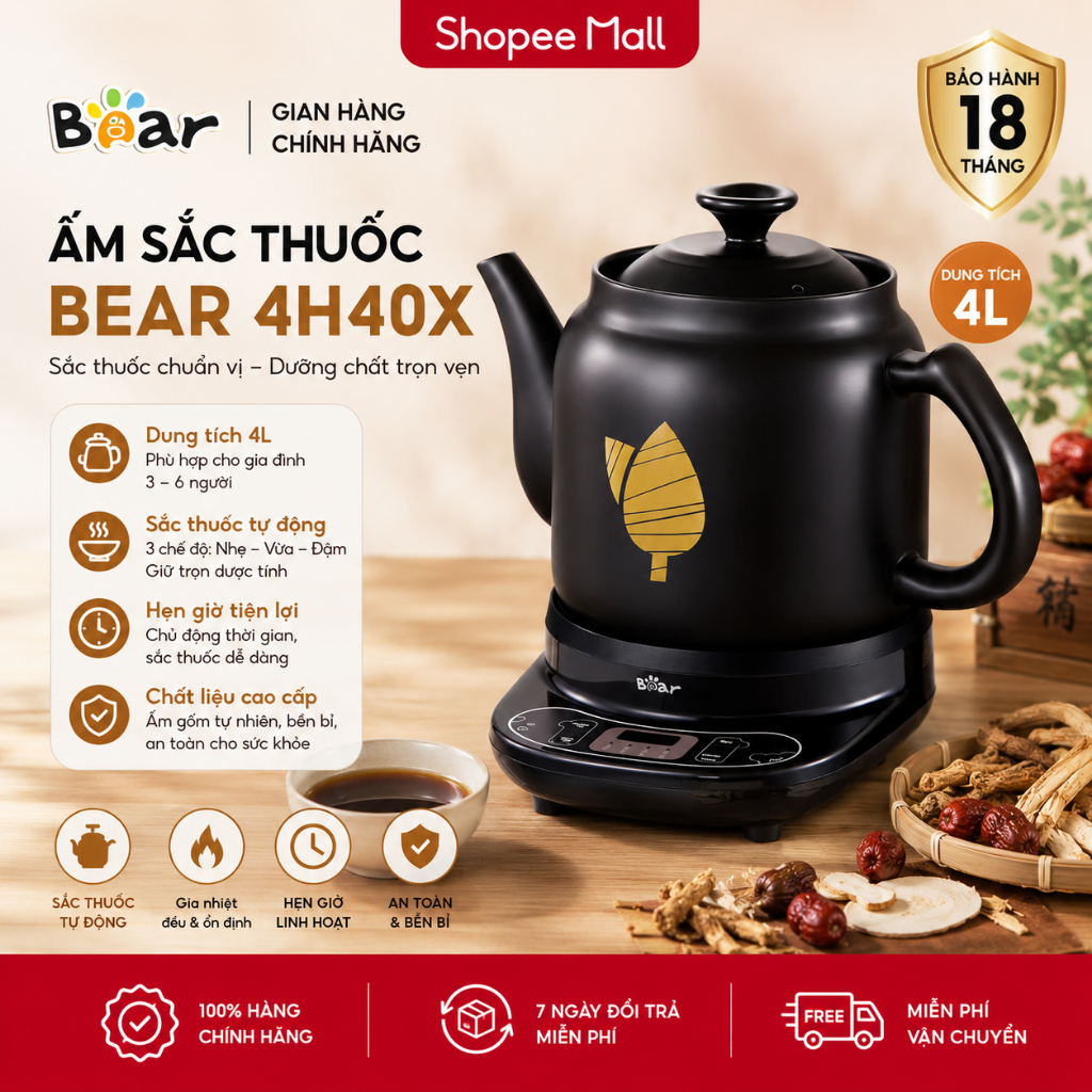 Ấm sắc thuốc Bear 4L HTM-4H40X - Ấm sắc thuốc bằng điện Bear - Ấm sắc thuốc tự động