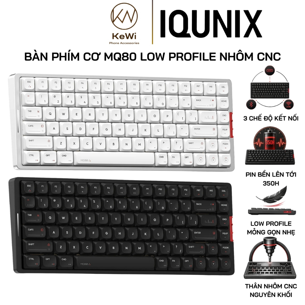 Bàn Phím Cơ Low Profile IQUNIX MQ80 Nhôm CNC, 84 Phím, 3 Mode, Kailh Gold Red, RGB, Hot Swap, Pin 35
