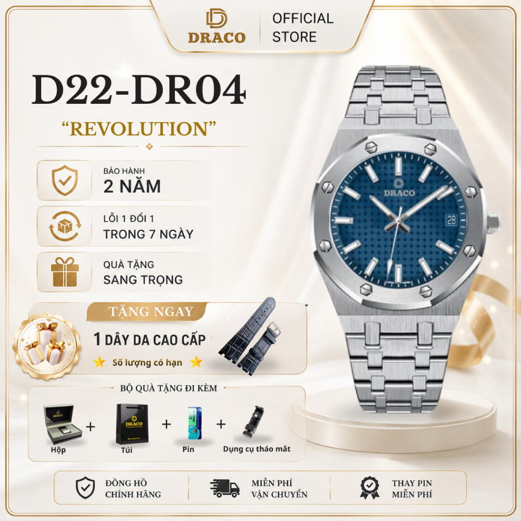 Đồng Hồ Nam DRACO D22-DR04 "Revolution Watch" – KÍnh phủ Sapphire, Mặt 42mm, Thép không gỉ , Full Bo