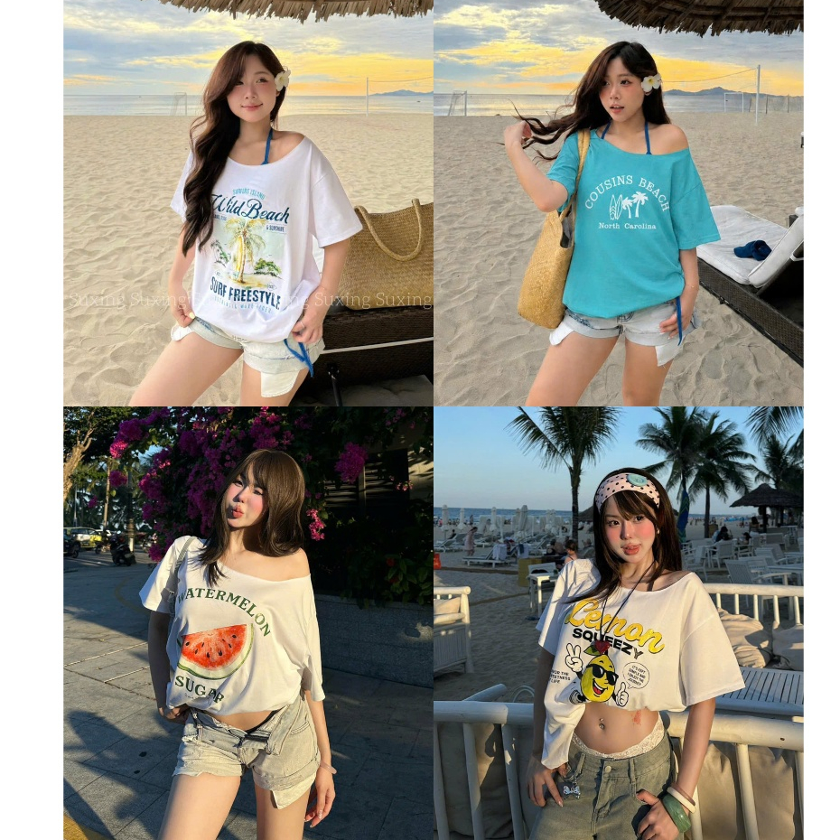 SUXING | Áo Thun Cotton Lệch Vai Form Rộng In Nhiều Hình Đi Biển Mùa Hè - S335