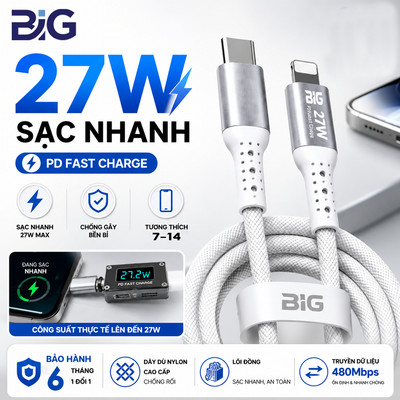 Dây Sạc Nhanh PD 20W Chính Hãng BIG Dùng Cho Máy 7-8-X-11-12-13-14-Dây Bện Dù Chắc Chắn