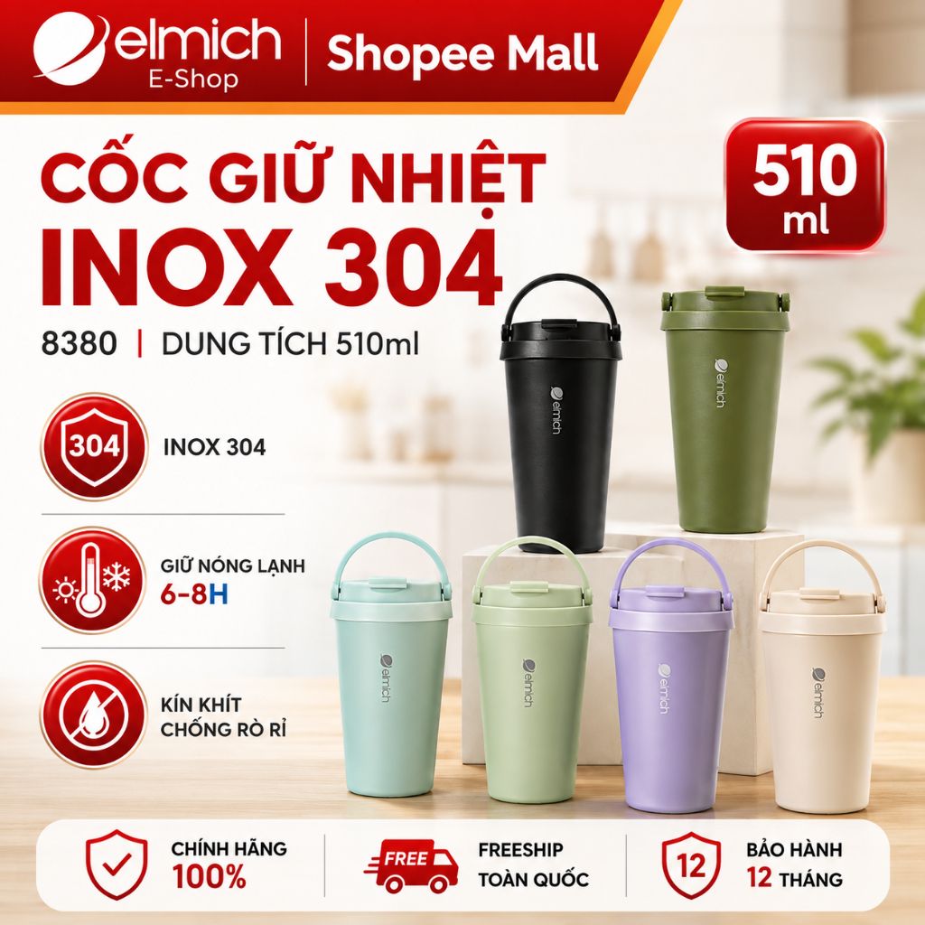 Cốc Giữ Nhiệt Elmich EL-8380 Dung Tích 510ml | Inox 304,Có Quai Xách, Elmich Chính Hãng