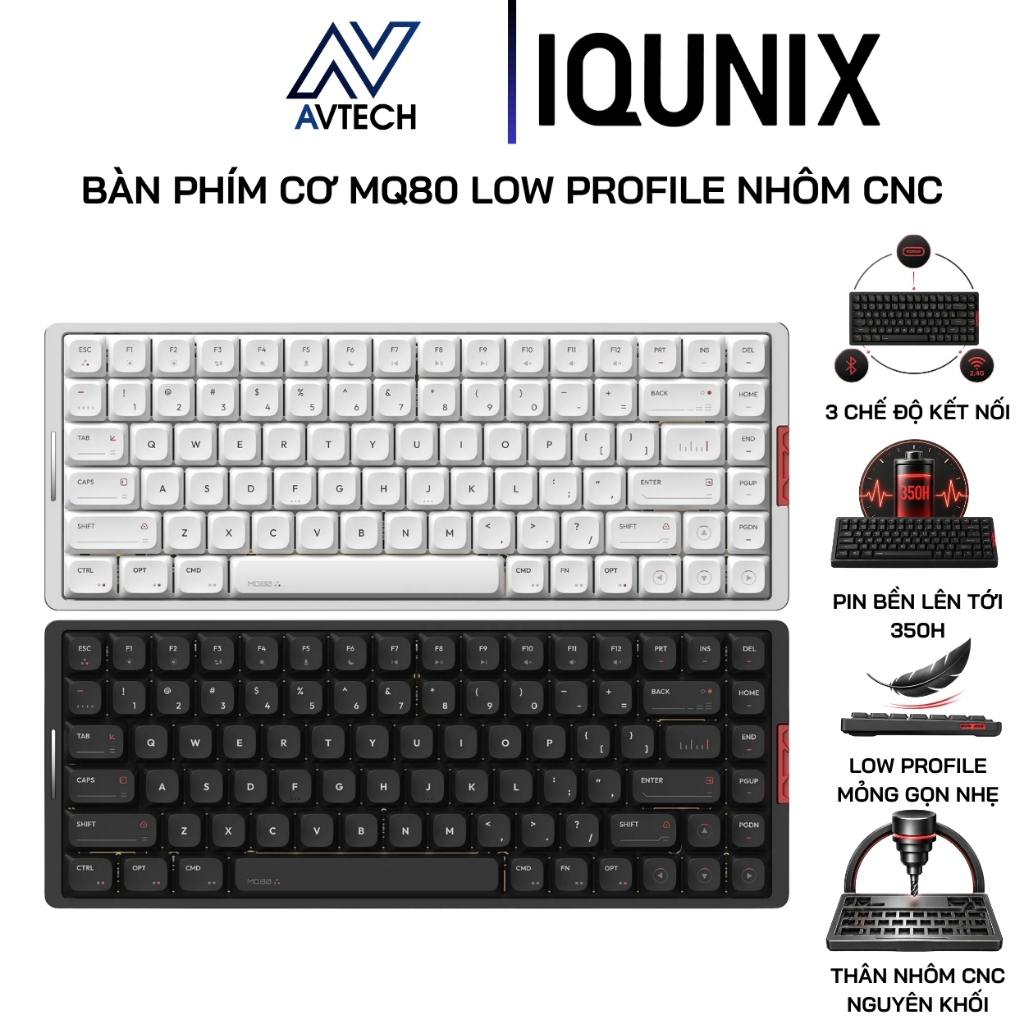 Bàn Phím Cơ Low Profile IQUNIX MQ80 Nhôm CNC, 84 Phím, 3 Mode, Kailh Gold Red, RGB, Hot Swap, Pin 35
