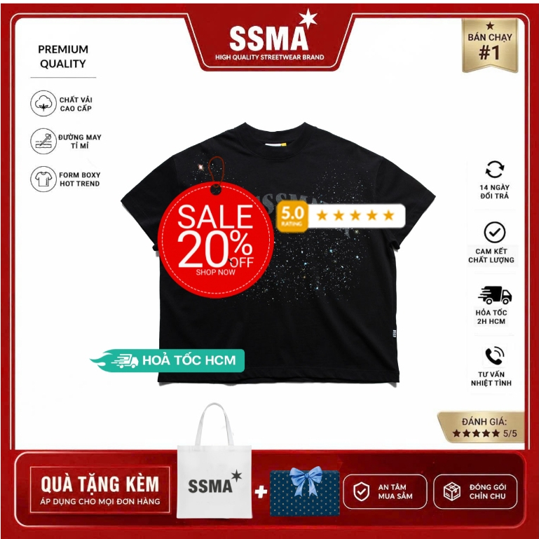 Áo Thun Tay Ngắn Universe Ngôi Sao T-Shirt Form Boxy Vải Cotton Unisex / Black
