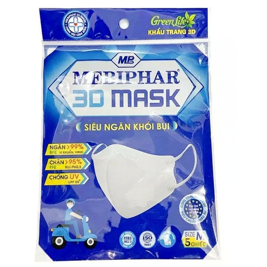 Combo 5 Túi Khẩu Trang Mebiphar 3D Size Người Lớn Ôm Mặt Thoáng Khí, Hỗ Trợ Giảm Bụi
