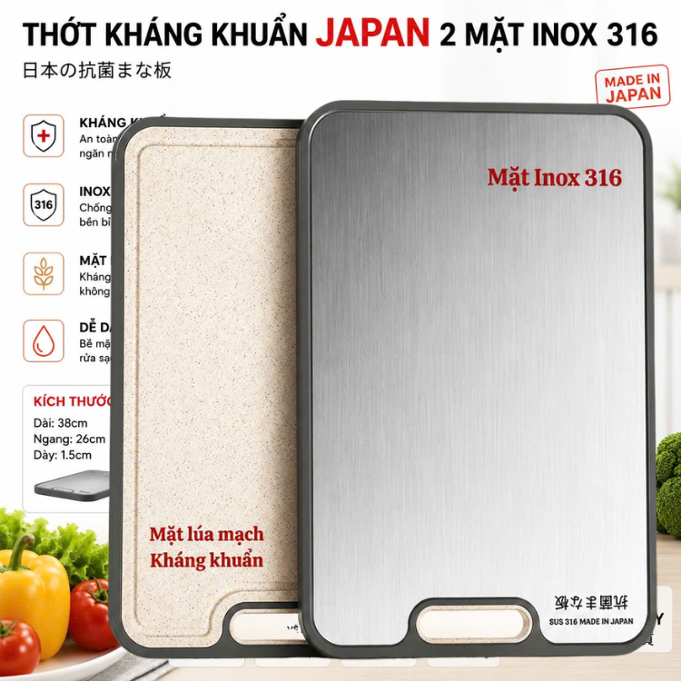 Thớt nhà bếp 2 mặt Nhật Bản INOX 316 thớt kháng khuẩn hàng nhập bãi chưa qua sử dụng