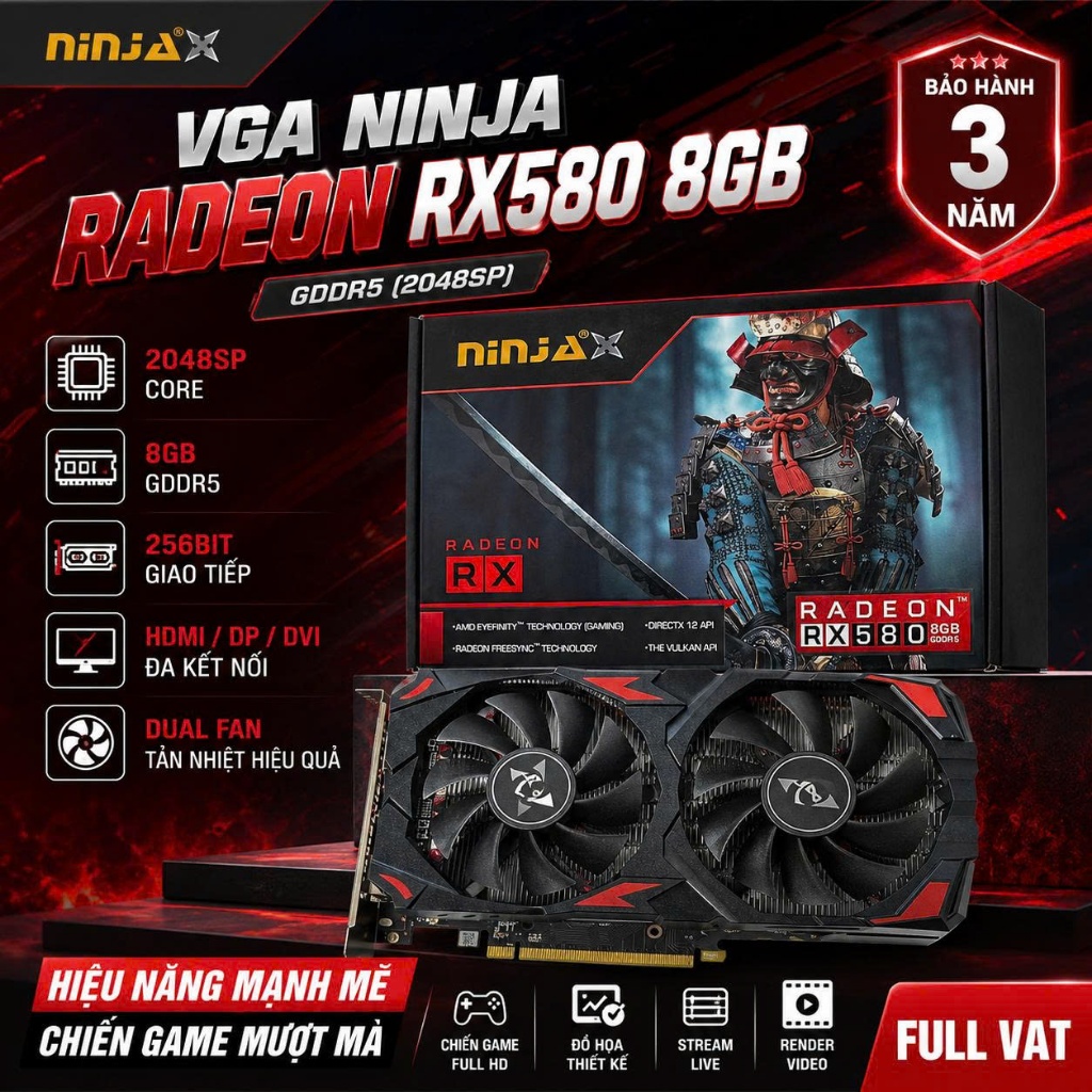 VGA NINJA RADEON RX580 8GB GDDR5 (2048SP) | RX 580 8G D5 | Bảo hành 36T | FULL VAT
